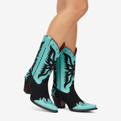 Tuhoomall Western Cowboy Boots for Women, Comfortable Mid-Calf Heeled Shoes, Floral Embroidery Design for Parties and Performances