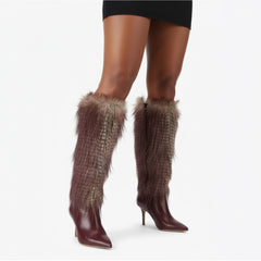 Tuhoomall Knee-High Faux Fur Booties with Zip Closure for Fashion Parties and Performances, Pointed Toe High Heels