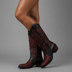 Tuhoomall Cowboy Boots for Women Western Square Toe Mid Calf White Cowgirl Boots Rhinestone Chunky Wedding