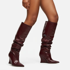 Tuhoomall Knee High Comfortable Wedge Booties With Pointed Toe For Parties, Performances, Fashion Events, Featuring Ruffled Design And Rubber Sole