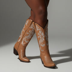 Tuhoomall Western Style Embroidered Mid-Calf Boots for All Seasons, Slip-On Low Chunky Heels with PU Material and Sniper Toe Design