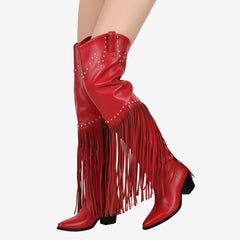 Tuhoomall Over-The-Knee High Heel Boots With Fringes And Studs For Party And Fashion Events