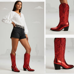 Tuhoomall Western Style Embroidered Mid Calf Boots for Women, Pointed Toe, Chunky Low Heel, Fashionable All-Season Footwear, Perfect for Parties