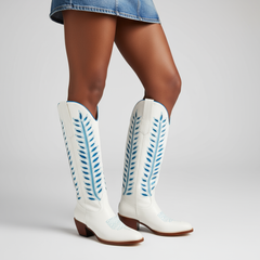 Tuhoomall Western Mid Calf Boots for Women, Embroidered Vegan Leather, Casual Chunky Heel, Spring Autumn Winter Fashion