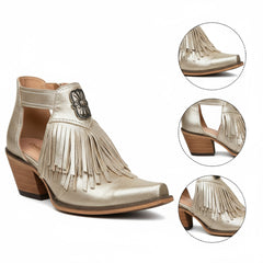 Tuhoomall Western Ankle Boots for Women with Chunky Heel, Snip-Toe, Fringe Design, Outdoor and Dance Ready, Faux Suede