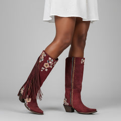 Tuhoomall Western Cowboy Boots for Women, Floral Embroidered Mid-Calf Chunky Heel, Trendy Fringe Detail, Perfect for Casual Outings and Performances