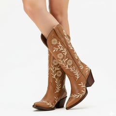 Tuhoomall Western Cowboy Knee High Boots with Floral Embroidery - Comfortable Chunky Heel for Casual, Work, Travel and Party Wear