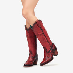 Tuhoomall Western Style Knee-High Cowboy Boots for Performances, Retro Trendy Design, Fashionable Snakeskin with Chunky Heel