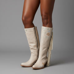 Tuhoomall Western Cowboy Boots for Women, Floral Embroidered Mid-Calf Chunky Heel, Trendy Fringe Detail, Perfect for Casual Outings and Performances
