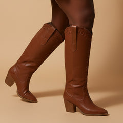 Tuhoomall Western Knee-High Boots for Women, 7cm Chunky Heels, Slip-On Style, Durable Woven Leather, Perfect for Work and Casual Occasions