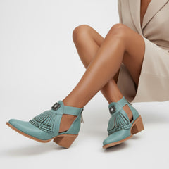 Tuhoomall Western Ankle Boots for Women with Chunky Heel, Snip-Toe, Fringe Design, Outdoor and Dance Ready, Faux Suede