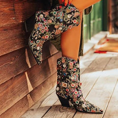 Tuhoomall Western Floral Embroidered Rhinestone Mid Calf Boots for Women, Chunky Heel, Water-Resistant Satin, Stylish for Spring Autumn Winter