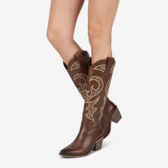 Tuhoomall Western Style Knee High Boots With Rhinestones & Embroidery, Trendy Chunky Heels For Casual Office Wear, All Season Comfort