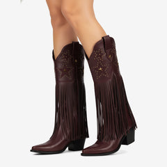 Tuhoomall Comfortable Western Knee-High Boots with Fringe and Studs for Fashion, Party, and Performance - 7.5cm Chunky Heel, All-Season Wear