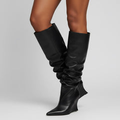 Tuhoomall Knee High Comfortable Wedge Booties With Pointed Toe For Parties, Performances, Fashion Events, Featuring Ruffled Design And Rubber Sole