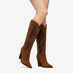 Tuhoomall Fashion Casual Knee-High Boots with Embroidery, Lizard Pattern Chunky Heel for Travel, Work, Party and Evening Wear