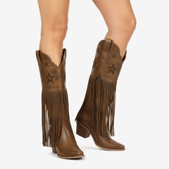 Tuhoomall Comfortable Western Knee-High Boots with Fringe and Studs for Fashion, Party, and Performance - 7.5cm Chunky Heel, All-Season Wear