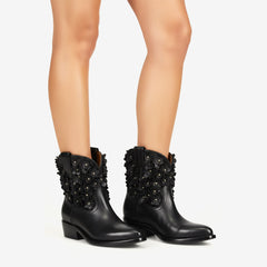 Tuhoomall Fashionable Ankle Boots for Women with Floral Stud Detail, Comfortable Chunky Heel, Perfect for Casual and Work Wear All Year Round