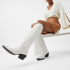 Tuhoomall Western Knee-High Cowgirl Boots with Embroidery, Chunky Heel, Slip-On Design for Outdoor Adventures