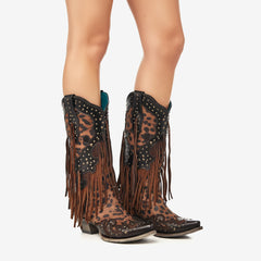 Tuhoomall Western Style Women's Cowboy Boots, Casual Mid-Calf Shoes with Animal Print, Fringe, and Studs, Chunky Heel, All-Season Wear