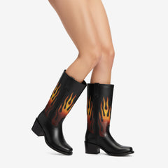Tuhoomall Comfortable Mid-Calf Boots with Flame Gradient Design for Travel, Parties, and Performances - Chunky Heel, Slip-On, Floral Embroidery