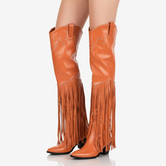 Tuhoomall Over-The-Knee High Heel Boots With Fringes And Studs For Party And Fashion Events