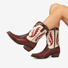 Tuhoomall Western Ankle Boots for Women, Stylish Casual and Workwear, Sharp Toe, Chunky Heel, Zipper Closure, Patches and Embroidery Details