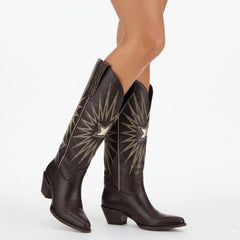 Tuhoomall Western Knee High Boots For Women - Stylish Embroidered Design, Chunky Heel For Comfort, Perfect For Casual And Formal Occasions