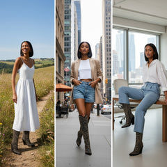 Tuhoomall Western Style Mid Calf Cowboy Boots with Chunky Heel, Pointed Toe, Zipper Closure, Studded Design, Vegan Leather, Ideal for Spring, Fall & Winter