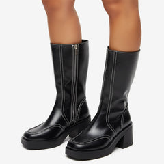 Tuhoomall Fashionable Casual Mid-Calf Boots for Travel and Outdoor, Comfortable Chunky Heels with Metal Zipper and Color Block Design