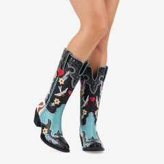 Tuhoomall Western Floral Embroidery Mid-Calf Boots - Trendy Slip-On Style for Parties and Performances, Comfortable Rubber Sole