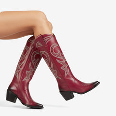Tuhoomall Western Style Knee High Boots With Rhinestones & Embroidery, Trendy Chunky Heels For Casual Office Wear, All Season Comfort