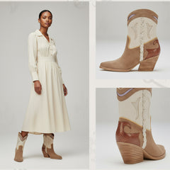 Tuhoomall Floral Ankle Cowboy Boots for Women, Low Chunky Heel 2.75 in, Elegant Vegan Leather, Perfect for Casual and Formal Occasions