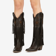 Tuhoomall Comfortable Western Knee-High Boots with Fringe and Studs for Fashion, Party, and Performance - 7.5cm Chunky Heel, All-Season Wear