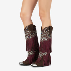 Tuhoomall Western Knee High Boots for Parties, Performances, Fashionable Comfort with Floral Embellishments and Sparkling Details