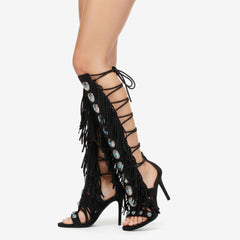 Tuhoomall High Heel Open Toe Booties with Fringe and Stone Detail for Party and Fashion Runway Events