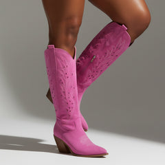 Tuhoomall Western Knee-High Boots For Women With Embroidery And Zipper, Chunky Heel For Travel, Outdoor, Fashion Casual, Party And Dance