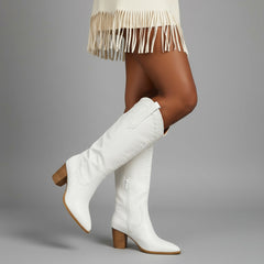 Tuhoomall Western Knee-High Boots for Women, 7cm Chunky Heels, Slip-On Style, Durable Woven Leather, Perfect for Work and Casual Occasions