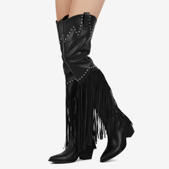 Tuhoomall Over-The-Knee High Heel Boots With Fringes And Studs For Party And Fashion Events