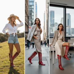 Tuhoomall Western Mid Calf Boots for Women, Embroidered Vegan Leather, Casual Chunky Heel, Spring Autumn Winter Fashion