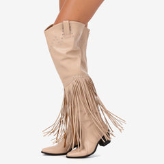 Tuhoomall Over-The-Knee High Heel Boots With Fringes And Studs For Party And Fashion Events
