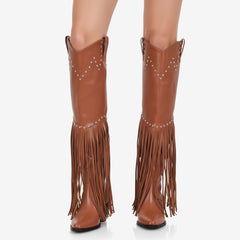 Tuhoomall Over-The-Knee High Heel Boots With Fringes And Studs For Party And Fashion Events