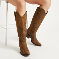 Tuhoomall Western Over-the-Knee Boots for Women, Floral Embroidered Chunky Heel, Comfortable Slip-On, Stylish for Travel and Outdoor Fashion