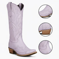 Tuhoomall Western Mid-Calf Boots for Women, Rubber Sole, Stylish Solid Color with Embroidered Detail, Perfect for Fashion, Outdoor, and Everyday Wear Tuhoomall