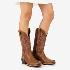 Tuhoomall Western Floral Embroidered Mid-Heel Cowboy Boots for Women, Stylish Casual Footwear for All Seasons