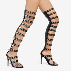 Tuhoomall High Heel Sandals for Parties & Events, Open Toe Design with Adjustable Buckle, Summer Fashion Knee-High Boots, Rubber Sole, Stylish Performance Footwear