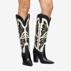 Tuhoomall Fashion Casual Knee-High Boots with Embroidery, Lizard Pattern Chunky Heel for Travel, Work, Party and Evening Wear