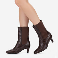 Tuhoomall Stylish Ankle Boots for Women, Chunky Block Heel, Slip-On Design, Versatile for Casual and Workwear, Stone Pattern, Comfortable Fit