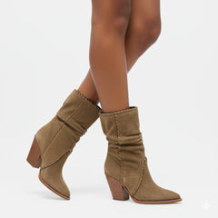 Tuhoomall Western Cowboy Ankle Boots for Women, Stylish Casual Short Boots, Wrinkled Design, Slip-On, Chunky Heel, All-Season Wear