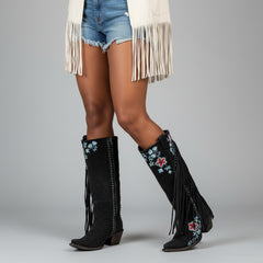 Tuhoomall Western Cowboy Boots for Women, Floral Embroidered Mid-Calf Chunky Heel, Trendy Fringe Detail, Perfect for Casual Outings and Performances